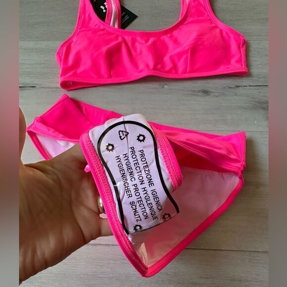 Halara Solid U Neck Top (S) & Crossover Bikini Bottom (M) Swimsuit Neon Pink nwt - Picture 6 of 7